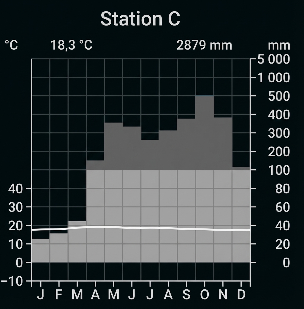 Klimadiagramm Station C: Monatswerte Temperatur (Linie) und Niederschlag (Balken), Jahresmittel 18,3°C, 2879 mm